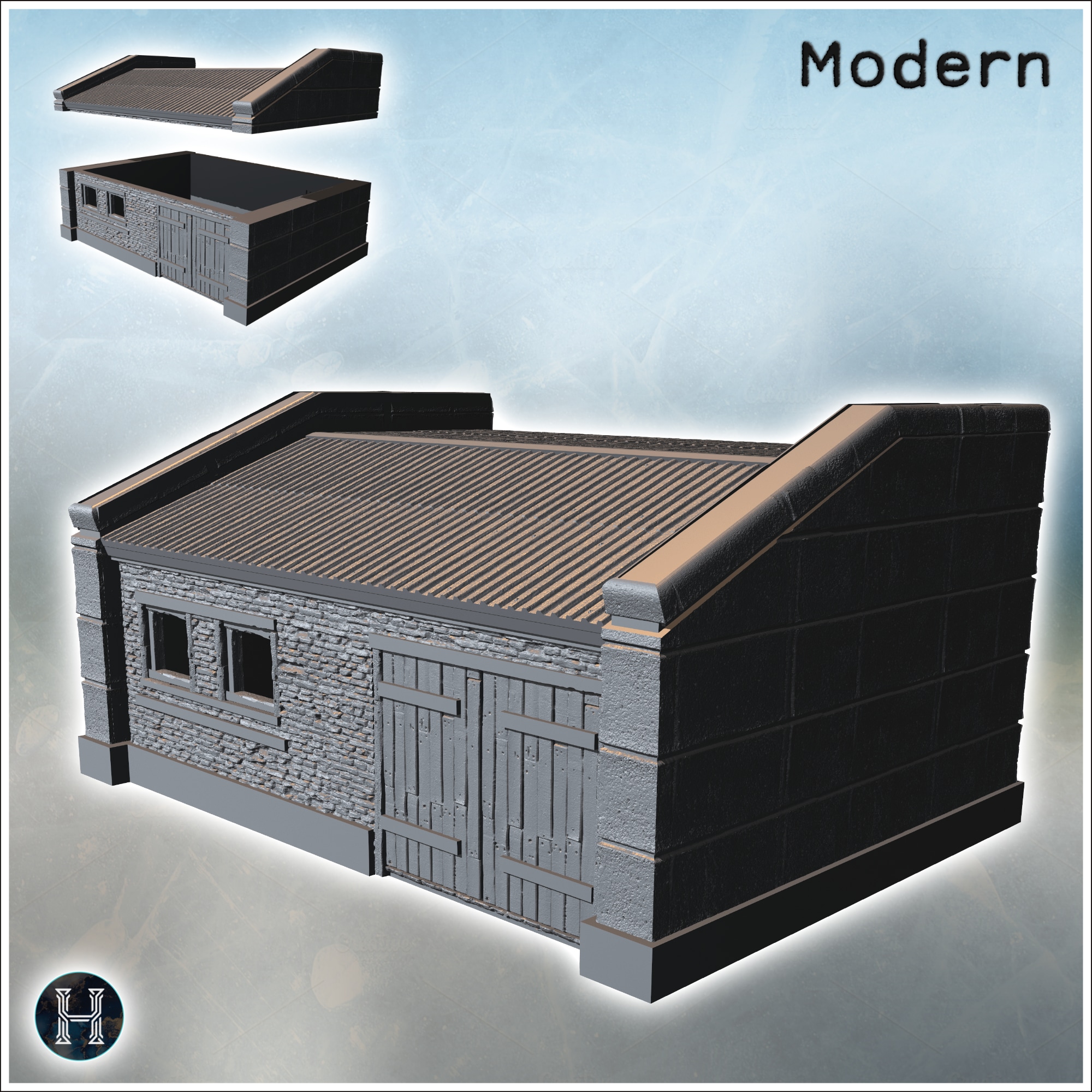 Single-story stone building with corrugated roof and small windows (7) - Modern WW2 WW1 World War Diaroma Wargaming RPG Mini Hobby